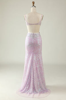 Slire V Neck Lilac Sequins Long Prom Kjole med Split Front
