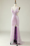 Slire V Neck Lilac Sequins Long Prom Kjole med Split Front