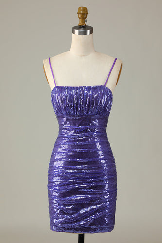Sparkly Purple Sequins Spaghetti stropper Tight Short Homecoming Dress