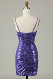 Sparkly Purple Sequins Spaghetti stropper Tight Short Homecoming Dress