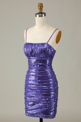 Sparkly Purple Sequins Spaghetti stropper Tight Short Homecoming Dress