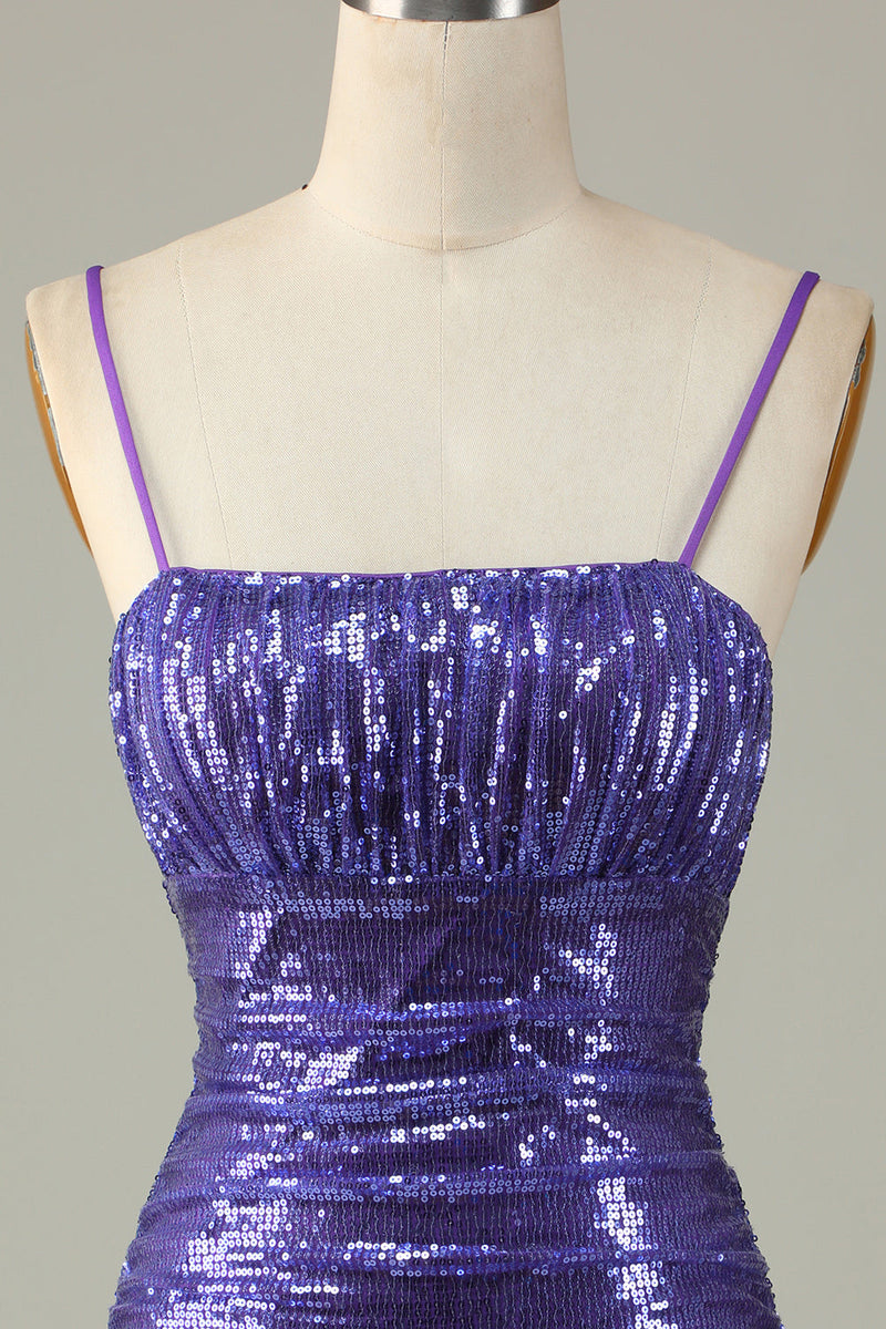 Load image into Gallery viewer, Sparkly Purple Sequins Spaghetti stropper Tight Short Homecoming Dress