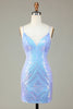 Load image into Gallery viewer, Sparkly Sheath Spaghetti Stropper Blå paljetter Kort Homecoming Kjole med ryggløs