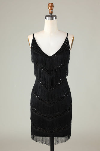 Sparkly Black Sequins Beaded Tight Short Homecoming Dress med frynser