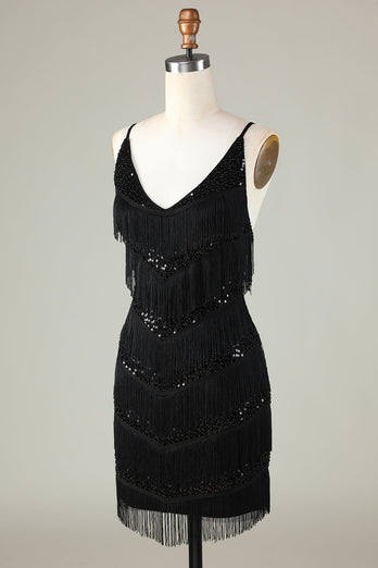 Sparkly Black Sequins Beaded Tight Short Homecoming Dress med frynser