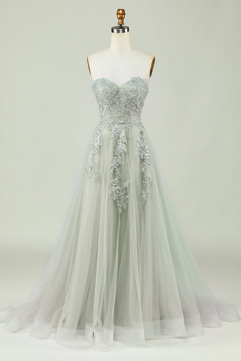 Load image into Gallery viewer, Sweetheart Beaded Light Green Long Prom Dress med Slit Front