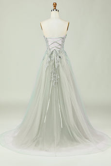 Sweetheart Beaded Light Green Long Prom Dress med Slit Front