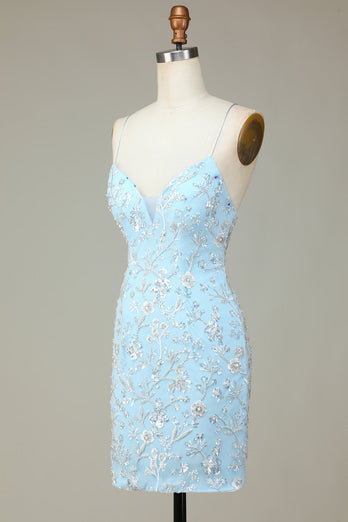 Glitrende blå paljetter Beaded Blomster Tight Short Homecoming Dress