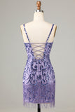 Sparkly Purple Sequins Spaghetti Stropper Kort Homecoming Kjole med frynser