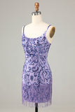 Sparkly Purple Sequins Spaghetti Stropper Kort Homecoming Kjole med frynser