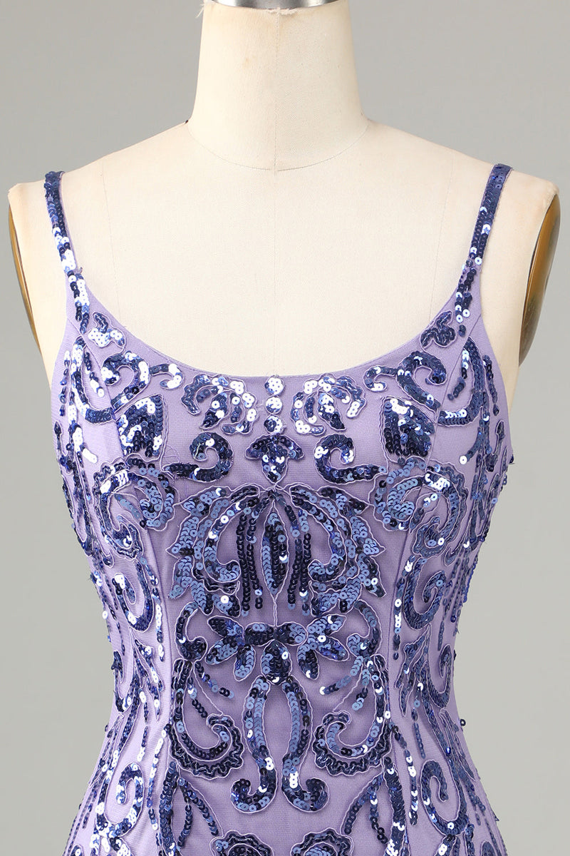 Load image into Gallery viewer, Sparkly Purple Sequins Spaghetti Stropper Kort Homecoming Kjole med frynser