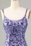 Sparkly Purple Sequins Spaghetti Stropper Kort Homecoming Kjole med frynser