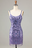 Sparkly Purple Sequins Spaghetti Stropper Kort Homecoming Kjole med frynser