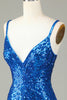 Load image into Gallery viewer, Sparkly Bodycon Spaghetti stropper Blå paljetter Kort Homecoming kjole med dusk
