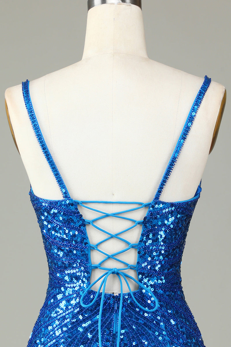 Load image into Gallery viewer, Slire Spaghetti stropper Peacockt Blue Sequins 1920-tallet Kjole med dusk