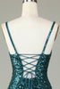 Load image into Gallery viewer, Sparkly Bodycon Spaghetti stropper Blå paljetter Kort Homecoming kjole med dusk