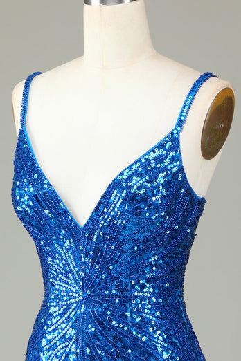 Sparkly Bodycon Spaghetti stropper Blå Lace-Up Tilbake Kort Homecoming kjole med perler