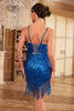 Load image into Gallery viewer, Bodycon Spaghetti stropper Blå paljetter 1920-tallet kjole med dusk