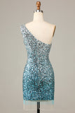 Sparkly Bodycon Spaghetti stropper Blå paljetter Kort Homecoming kjole med dusk