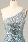 Sparkly Bodycon Spaghetti stropper Blå paljetter Kort Homecoming kjole med dusk