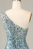 Sparkly Bodycon Spaghetti stropper Blå paljetter Kort Homecoming kjole med dusk