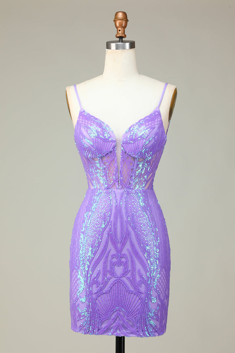 Load image into Gallery viewer, Stilig Bodycon Spaghetti stropper Lilac Sequins Korsett Homecoming kjole med Criss Cross Back