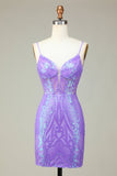 Stilig Bodycon Spaghetti stropper Lilac Sequins Korsett Homecoming kjole med Criss Cross Back