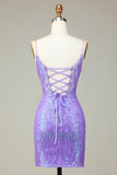 Stilig Bodycon Spaghetti stropper Lilac Sequins Korsett Homecoming kjole med Criss Cross Back