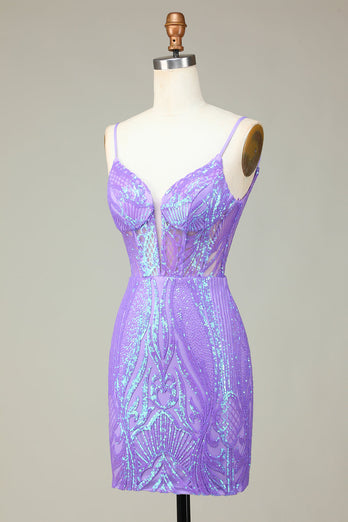 Stilig Bodycon Spaghetti stropper Lilac Sequins Korsett Homecoming kjole med Criss Cross Back