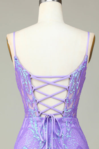 Stilig Bodycon Spaghetti stropper Lilac Sequins Korsett Homecoming kjole med Criss Cross Back