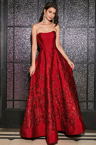 A-Line stroppeløs elegant prinsesse mørk rød lang ballkjole med 3D-blomster
