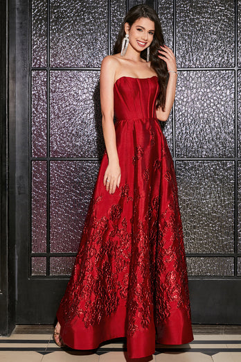 A-Line stroppeløs elegant prinsesse mørk rød lang ballkjole med 3D-blomster