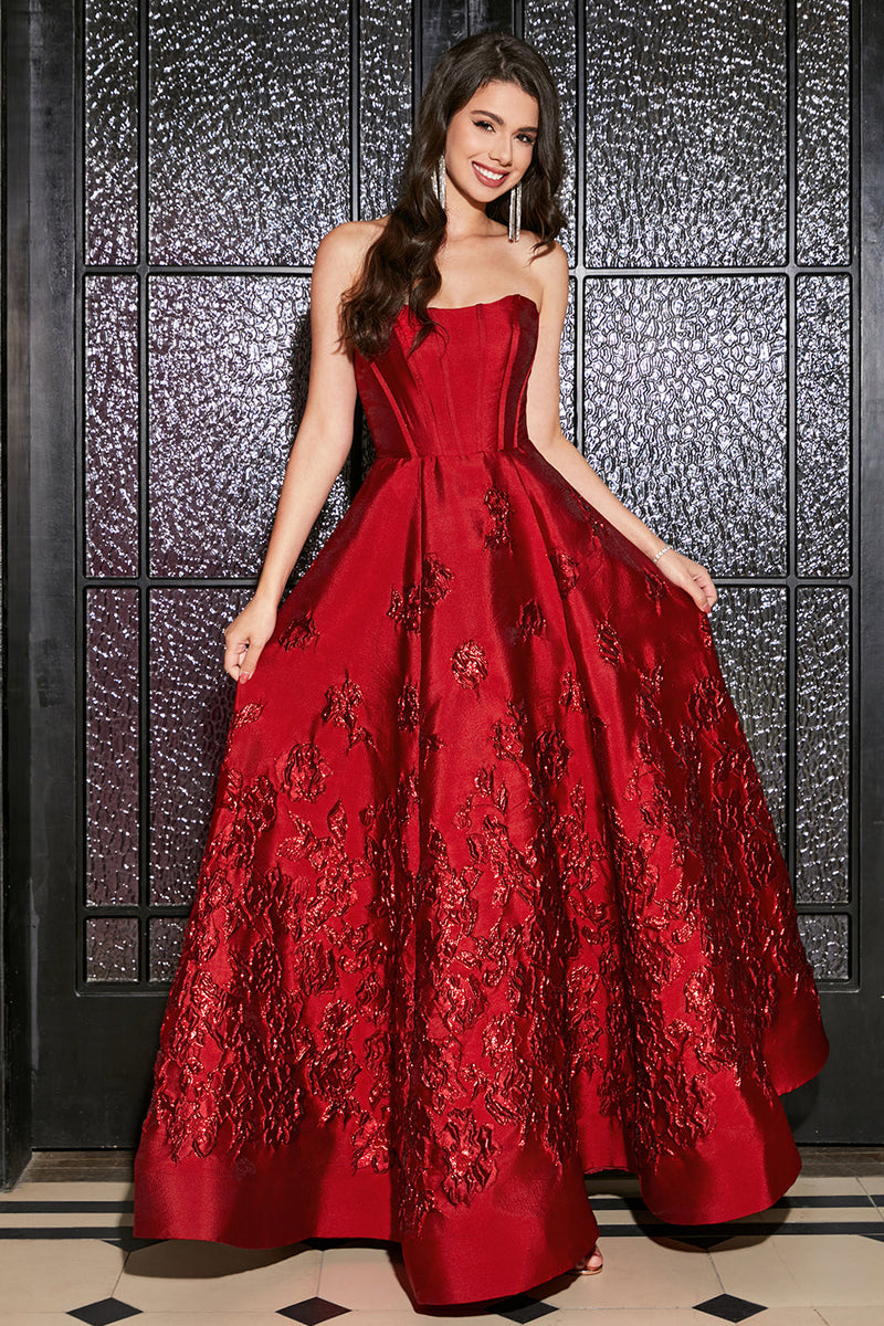 Load image into Gallery viewer, A-Line stroppeløs elegant prinsesse mørk rød lang ballkjole med 3D-blomster