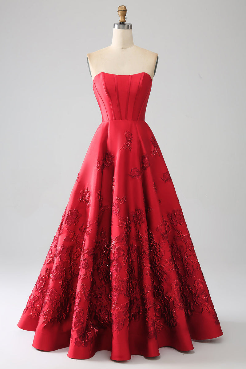 Load image into Gallery viewer, Elegant Princess A-Line stroppeløs mørk rød lang ballkjole med 3D-blomster