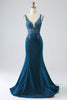 Load image into Gallery viewer, Glitter mørk blå havfrue Prom kjole med perler