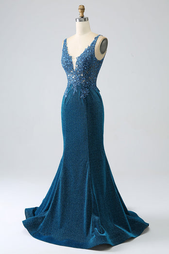 Glitter mørk blå havfrue Prom kjole med perler