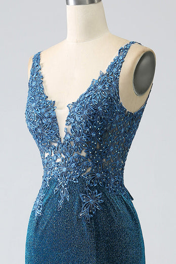 Glitter mørk blå havfrue Prom kjole med perler