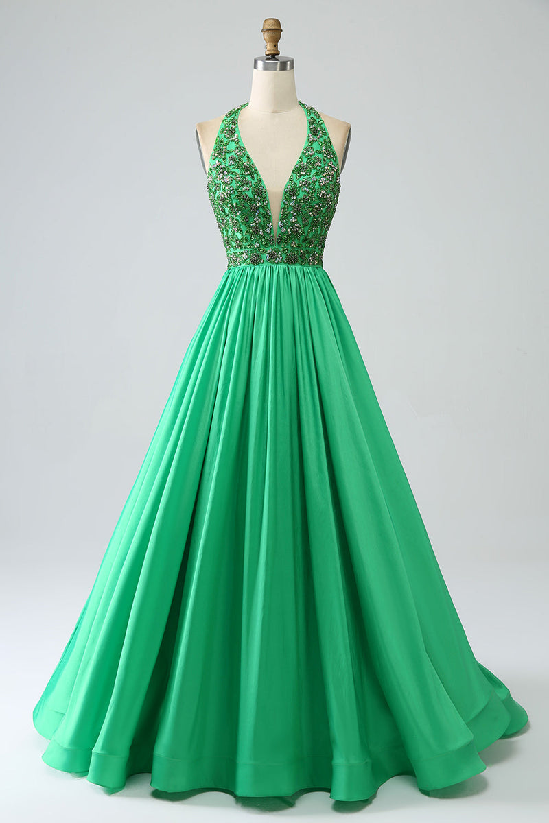 Load image into Gallery viewer, Satin Green Halter Prom kjole med perler
