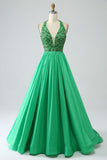 Satin Green Halter Prom kjole med perler