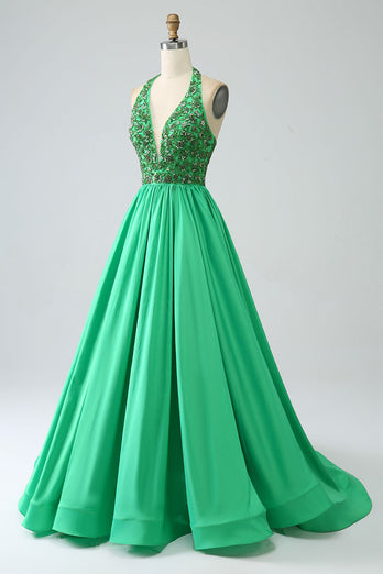 Satin Green Halter Prom kjole med perler