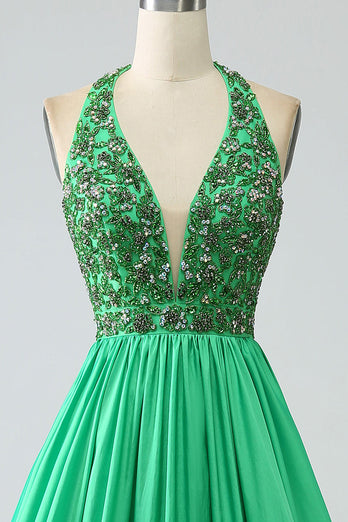 Satin Green Halter Prom kjole med perler