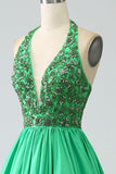 Satin Green Halter Prom kjole med perler