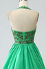 Load image into Gallery viewer, Satin Green Halter Prom kjole med perler