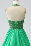 Satin Green Halter Prom kjole med perler