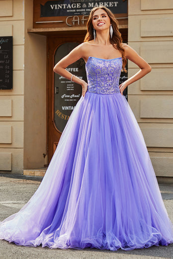 Stunning A Line Strapless Lilac Long Prom Dress med Beading