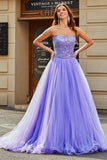 Stunning A Line Strapless Lilac Long Prom Dress med Beading