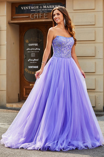 Stunning A Line Strapless Lilac Long Prom Dress med Beading