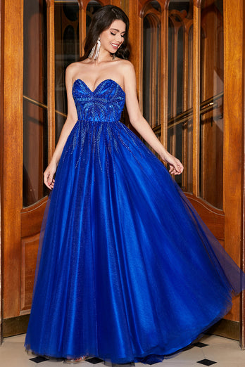 Royal Blue A-Line Sweetheart Long Beaded Prom kjole med tilbehør