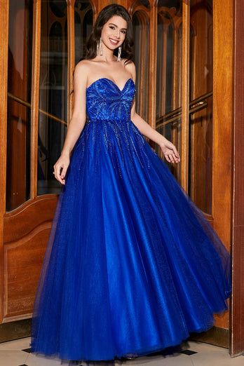 A-Line Sweetheart Royal Blue Prom kjole med perler
