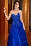 A-Line Sweetheart Royal Blue Prom kjole med perler